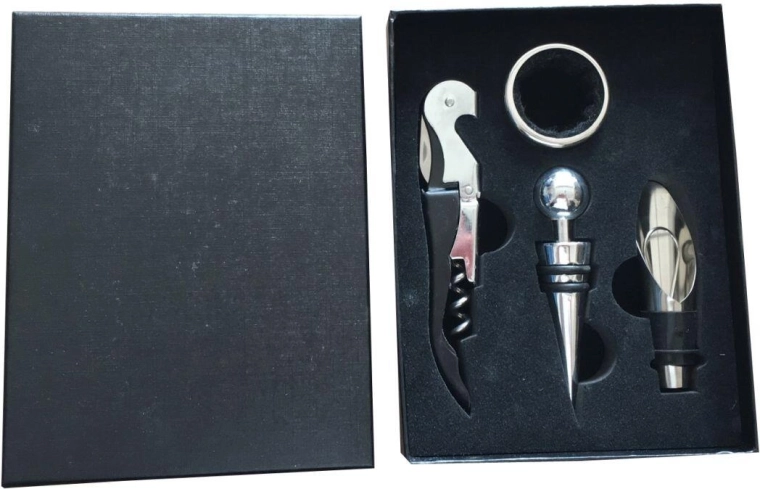 Wine Gift Set, 4-Piece – Corkscrew, Stopper, Drip Ring, and Pourer