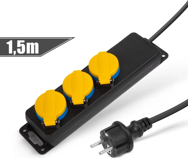 Външен удължителен кабел с капаци, 1,5 м, 3 контакта 230 V, IP44