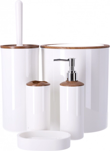 Комплект от 5 бр. аксесоари за баня BERRETTI, бял с дървени елементи