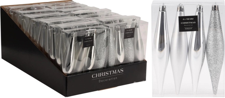 Christmas icicle ornaments 15 cm – silver mix, 4 pcs