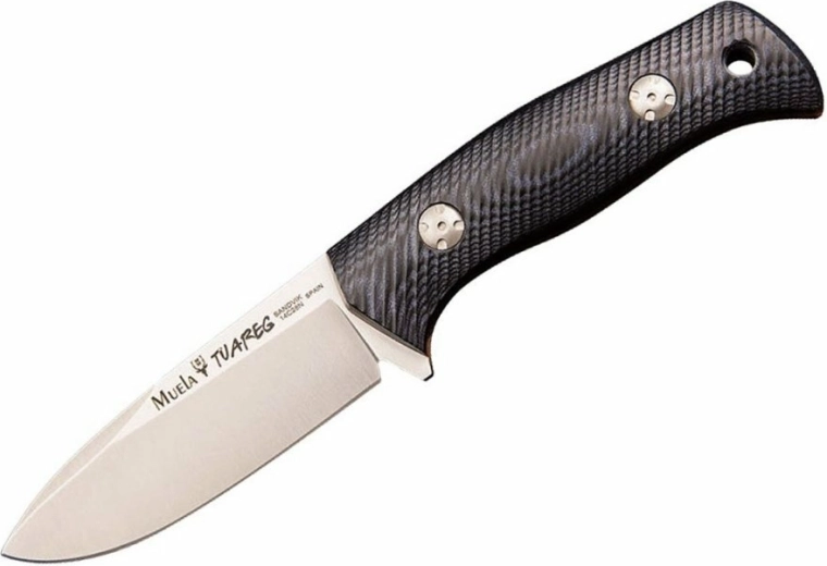 Muela Tuareg 10M durable bushcraft knife 10 cm with Cryo‑T cryogenic treatment, black‑blue Micarta, leather sheath