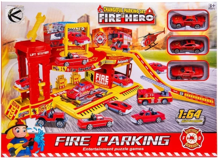 Fire truck parking garage with 3 toy cars - 1 piece