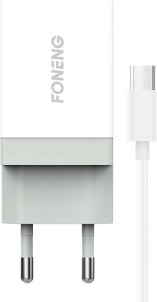 Бързо мрежово зарядно FONENG 10,5 W, 1× USB, с кабел Micro USB – бяло