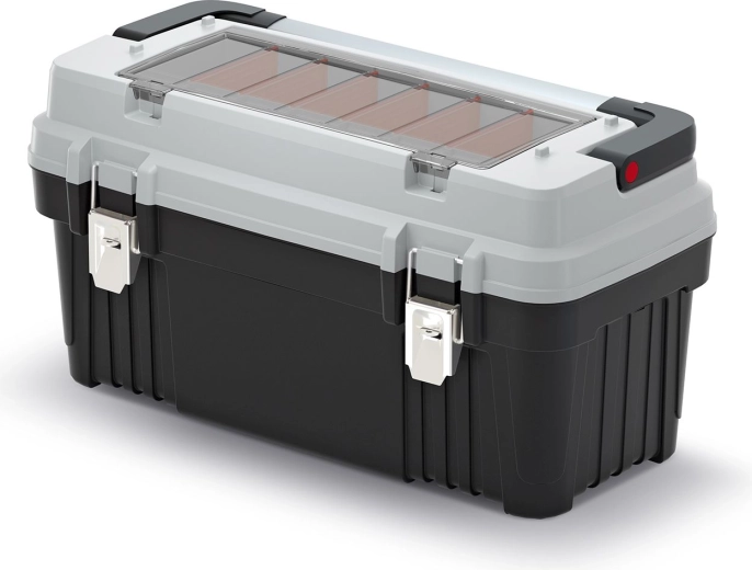 OPTIMA tool box with metal handle and locks, dividers, 586 × 296 × 305 mm, grey