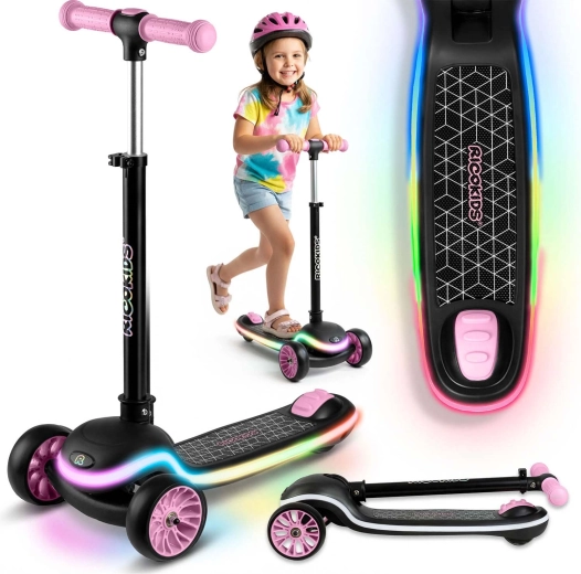 Детска триколесна балансираща тротинетка с LED осветление RICOKIDS Leddi – черно‑розова