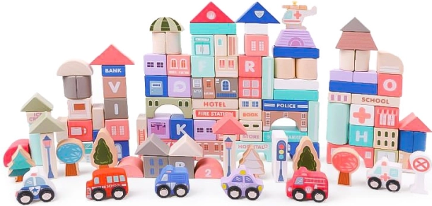 Дървени образователни блокчета град с подложка 115 бр. ECOTOYS