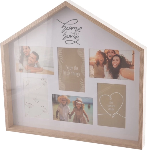 Wooden house-shaped photo frame, beige, 47 × 4 × 43 cm