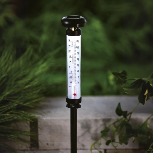 Solar garden thermometer with cool white LED lighting
