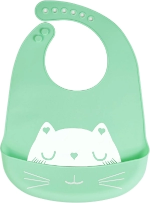 Силиконова лигавник с джоб за деца - зелен, котка