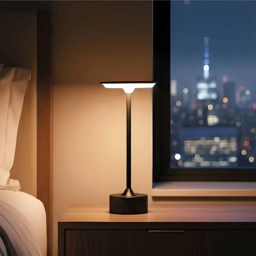 Rechargeable black metal table lamp with adjustable light color and brightness