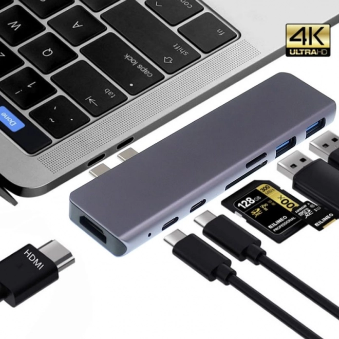 USB‑C хъб адаптер 7 в 1 с HDMI 4K и четец за SD карти за MacBook Pro/Air – сив