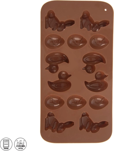 Silicone Easter Mold – bunnies, ducklings and eggs, 14 pcs, brown