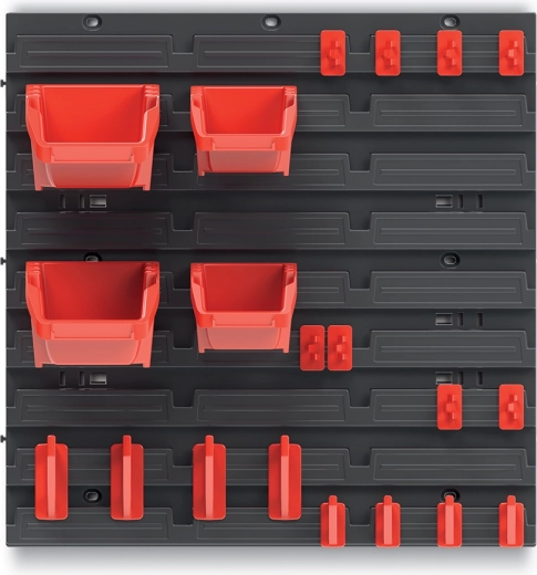 Hanging tool panel with 4 bins and hooks Bineer