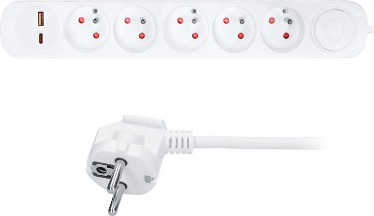 Solight extension lead with 5 sockets and USB-A/C charging, 3 m, white