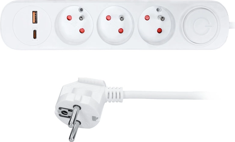 Solight extension lead with 3 sockets, USB-A and USB-C PD 20 W, 5 m, white