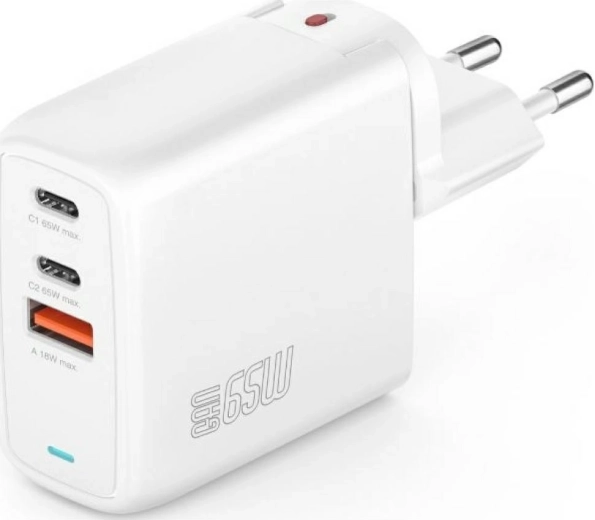 GaN Flex 65W Wall Charger, 2× USB‑C + 1× USB‑A, white
