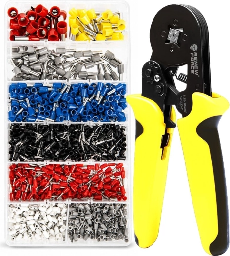 Renew Force ferrule crimping pliers with 1,800 ferrules in an organizer
