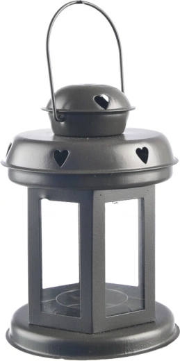 Decorative grey metal lantern with heart, 20 cm