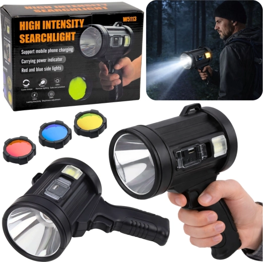Solar LED handheld spotlight 800 lm with power bank and interchangeable filters