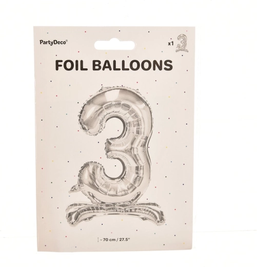 Standing foil balloon number 3, silver, 70 cm