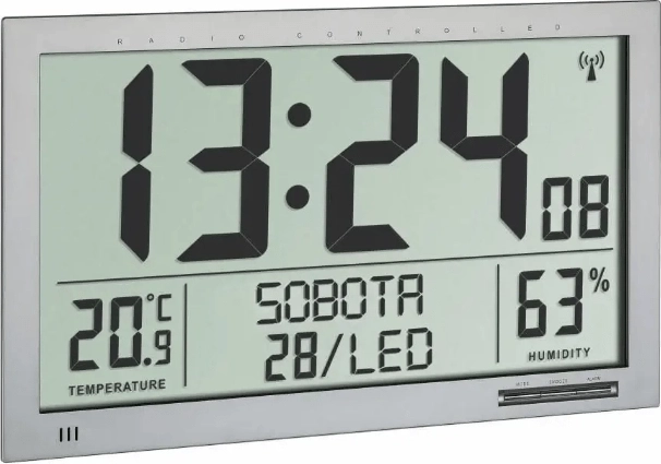 TFA Radio-Controlled Digital XL Clock with Thermometer and Hygrometer, Silver