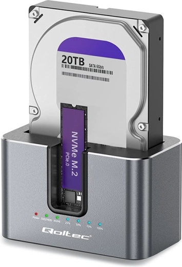 Qoltec докинг станция 2в1 за HDD/SSD SATA и M.2 NVMe с клониране, USB-C 10 Gb/s