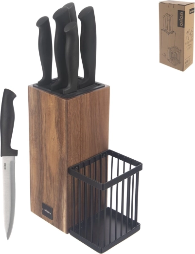 Acacia wood and metal knife block with a set of kitchen knives