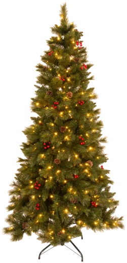 Artificial Christmas tree 180 cm green with rowan berries, cones and LED lighting