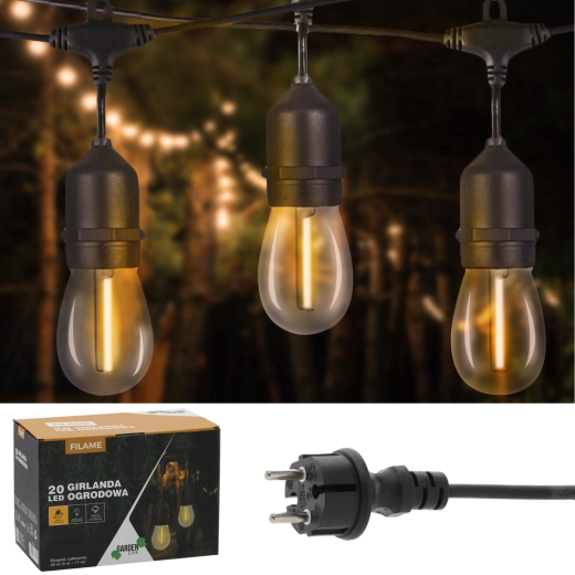 Градинска светлинна гирлянда 20 м, 20× LED E27, топло бяла, IP44