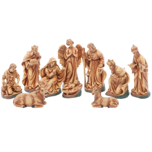 Nativity figurine set, 10 pcs, polyresin with wood-look finish, up to 24 cm