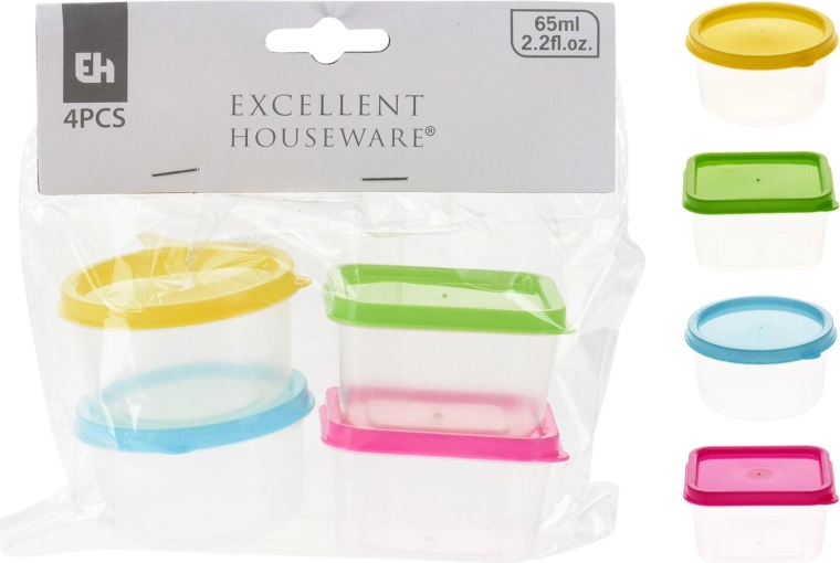 Mini containers 65 ml – set of 4 pcs, round and square, color mix