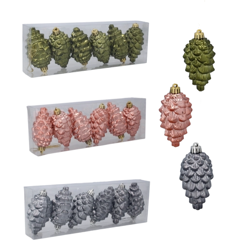 Set of Christmas Ornaments Cones 9 cm – Olive, Copper, and Graphite (6 pcs)