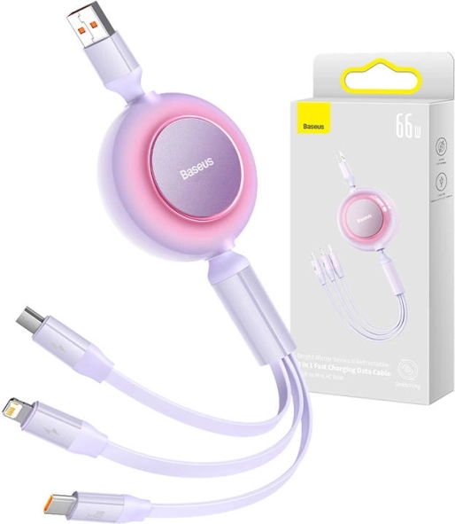 Baseus Bright Mirror 3 USB кабел 3 в 1 за micro USB, USB‑C и Lightning 66W 1,1 m – Лилав