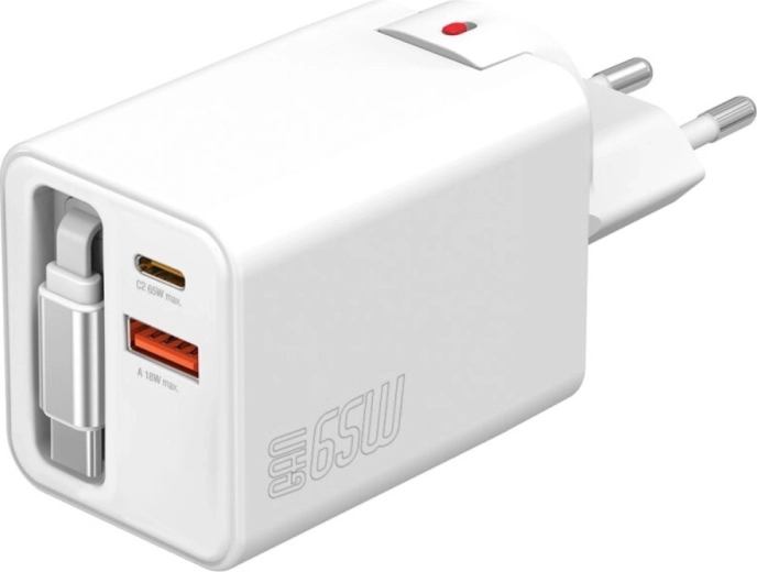 GaN 65 W Wall Charger with Retractable Cable, 2× USB‑C + USB‑A, White