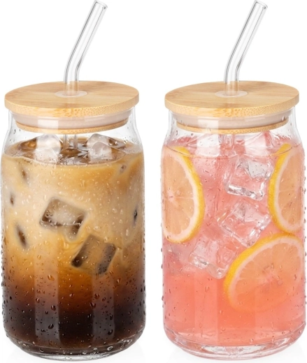 Vilde glass mugs with bamboo lid and glass straw, 460 ml, 2 pcs