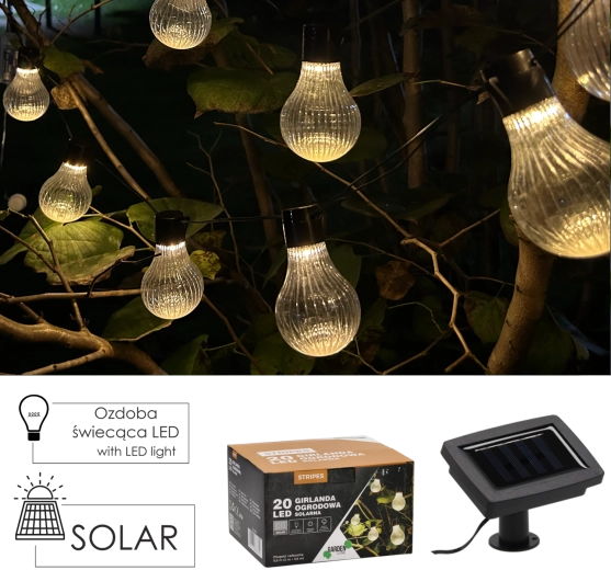 Соларна градинска гирлянда Stripes 20 LED, топло бяла, 5,8 м