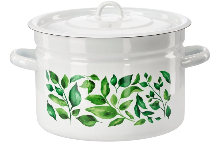 Enamel pot 9 l, 26 cm, white with ficus decor, with lid