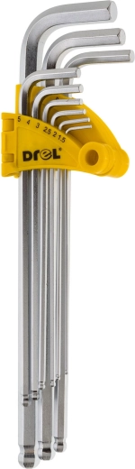 Комплект удължени имбусни ключове с топче 1,5–10 mm, 9 части DREL