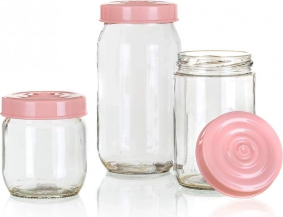 Комплект стъклени буркани LINZI 3 бр., розов капак