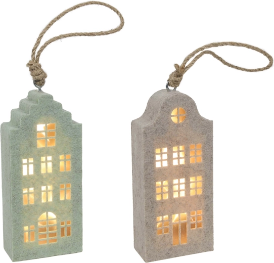 Коледна висяща декорация – филцова къщичка с LED, 14,5 см