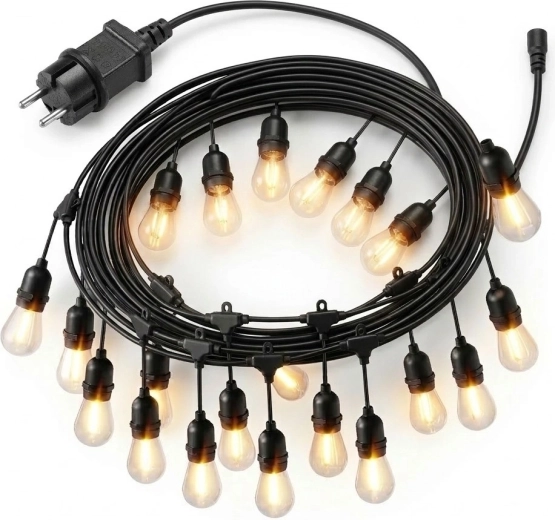 Градински светлинен гирлянд 20 м, 20× LED крушка, топло бяло 2700K, IP44, 9 W