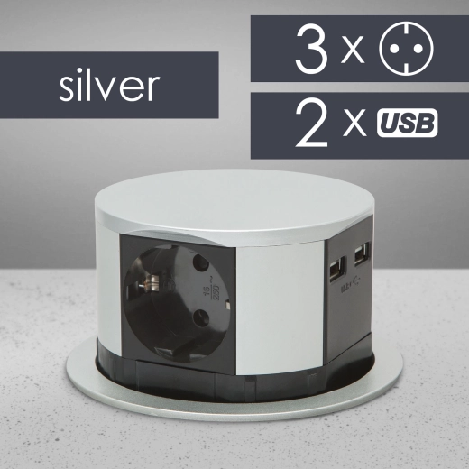 Built-in retractable power strip with 3 sockets, USB-A and USB-C