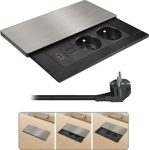 Solight built-in socket block with sliding cover, HDMI and 20 W PD USB charging, silver