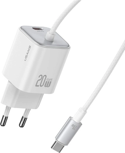 USAMS JC Series 20W GaN mini charger 2× USB-C with integrated USB-C cable white