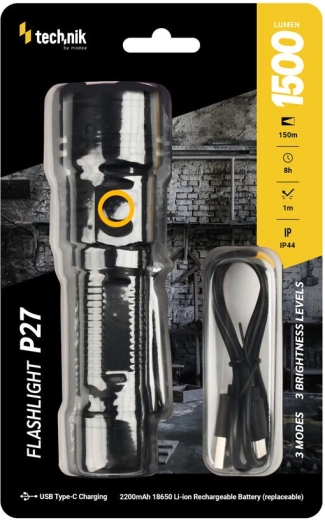 Technik MT-P27 pocket flashlight 1500 lm with USB‑C and replaceable 18650 battery