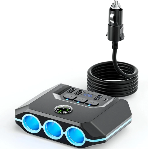 RENEW FORCE разклонител за автомобилна запалка 120 W с 3 гнезда, USB QC 3.0 и USB-C PD