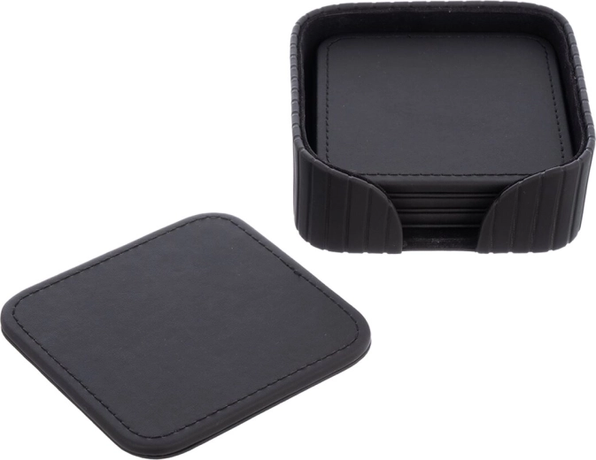 Gentleman wooden and faux-leather coasters with stand, 4 pcs
