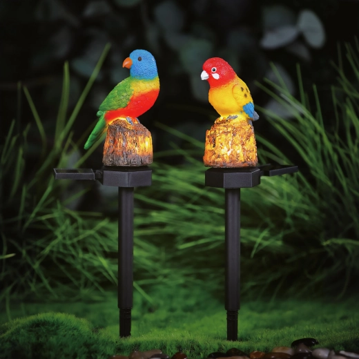 Solar garden stake with parrot and warm white LED light
