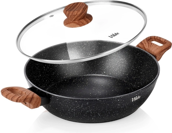 Дълбок гранитен тиган със стъклен капак 28 см, 3,5 л – Vilde Granitica Wood