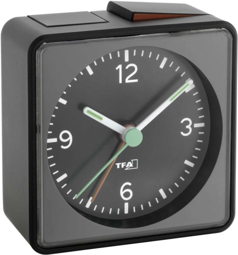 TFA PUSH black analog alarm clock with silent movement